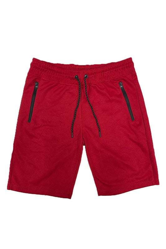 Red cotton blend lounge sweat shorts with elastic waist and drawstring, featuring zipper pockets and a back Velcro closure pocket.